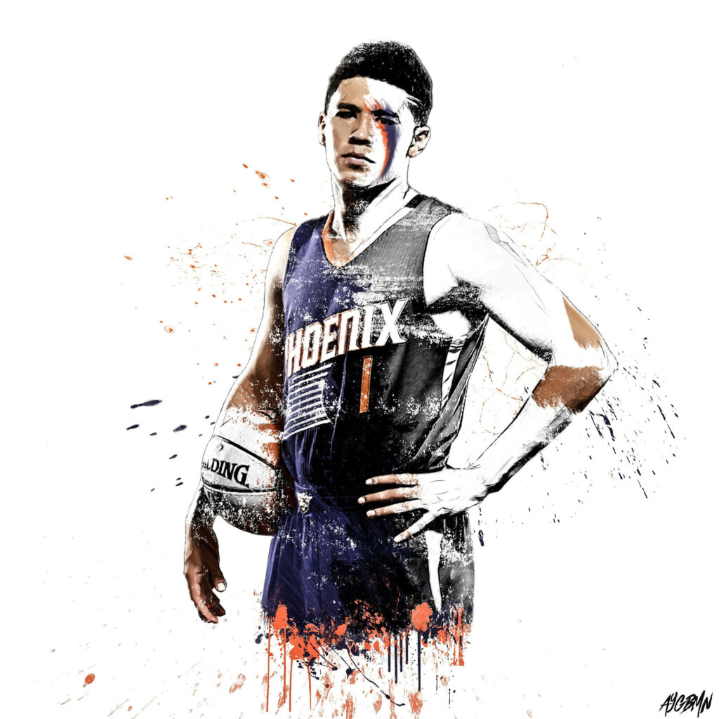 Devin Booker Phoenix Suns wallpaper partially colored portrait with orange black brushstroke background