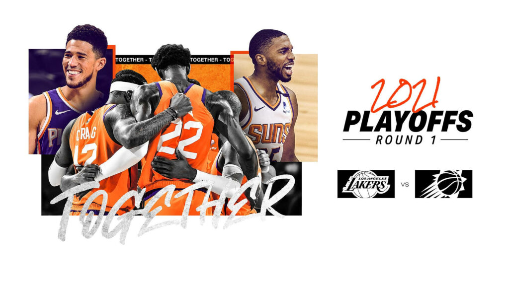 Devin Booker and Phoenix Suns huddle in vibrant orange jerseys 2021 Playoffs Lakers vs Suns background Wallpaper