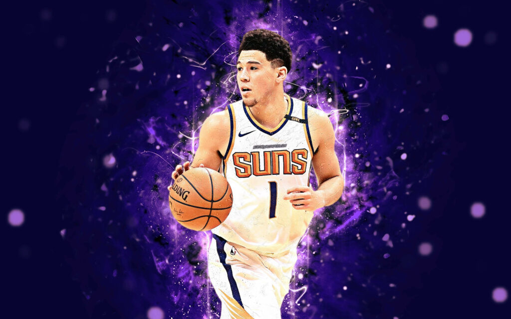 Devin Booker in Suns jersey with glowing purple background showcasing athleticism and focus Wallpaper