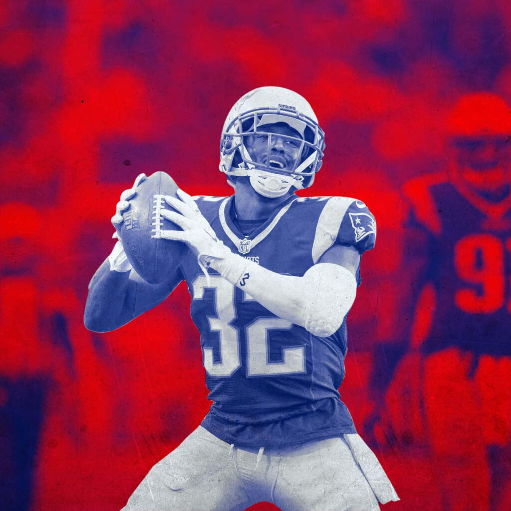 Devin McCourty Patriots wallpaper mid-play dynamic red blue uniform football action energy