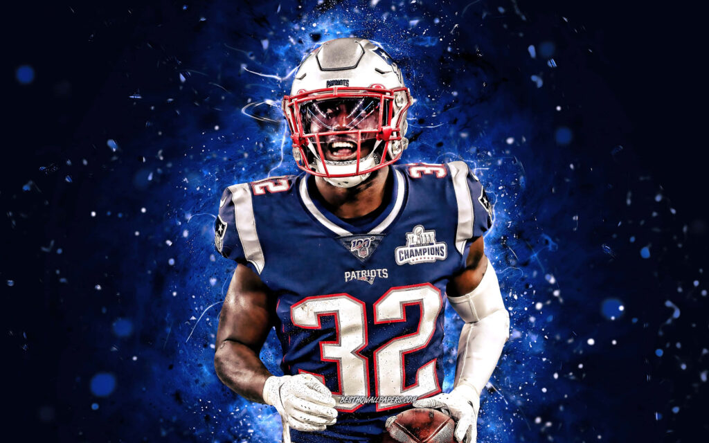 Devin McCourty Patriots number 32 intense gameplay dynamic blue black background wallpaper