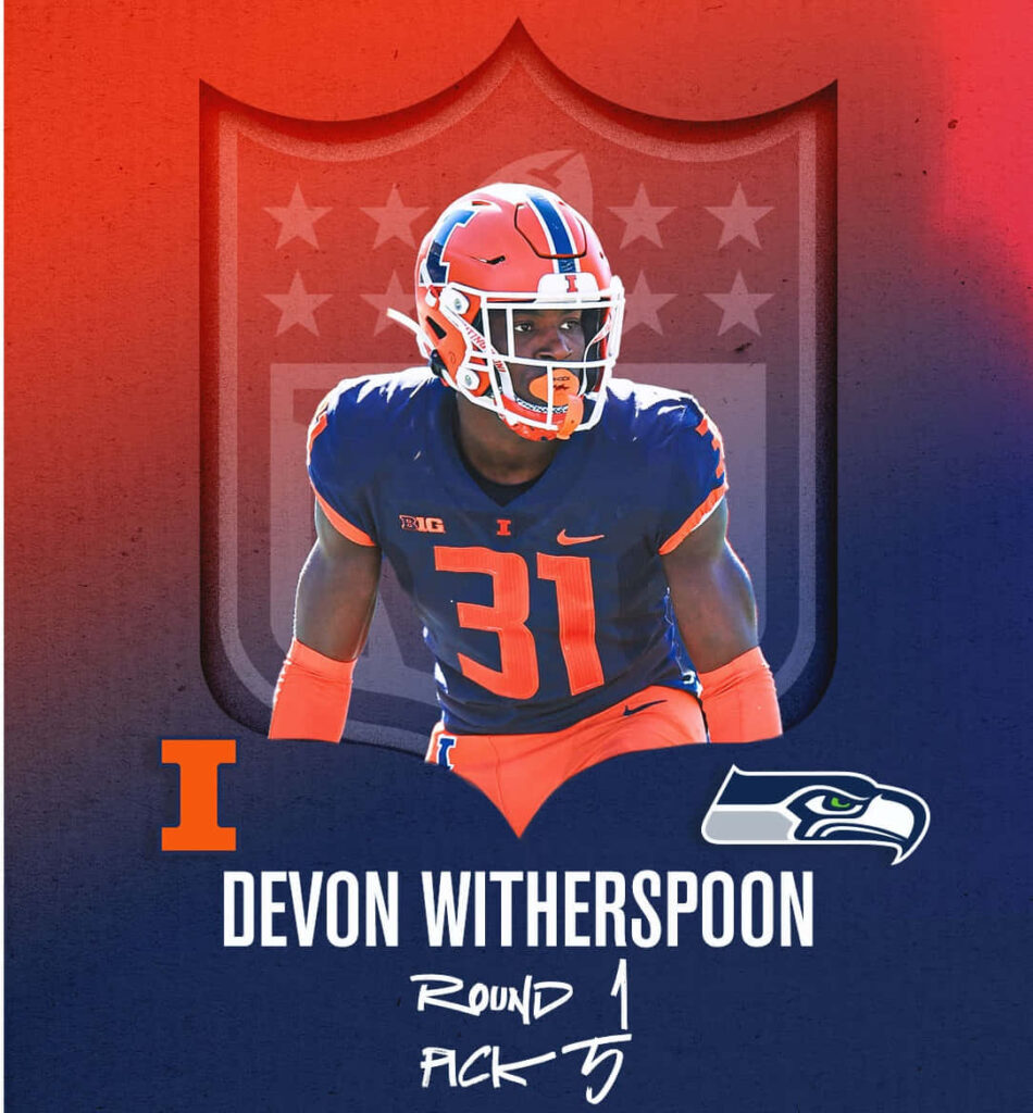 Devon Witherspoon in Illinois uniform with NFL shield Seahawks logo Round 1 Pick 5 draft wallpaper