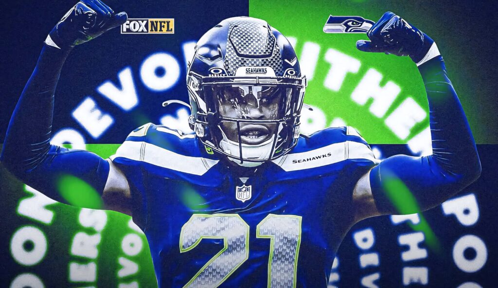 Devon Witherspoon in Seahawks uniform flexing against green blue background NFL promo artwork wallpaper