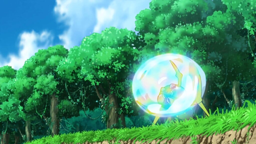 Dewpider using Bubble Beam attack in vibrant forest with lush trees and bright blue sky wallpaper