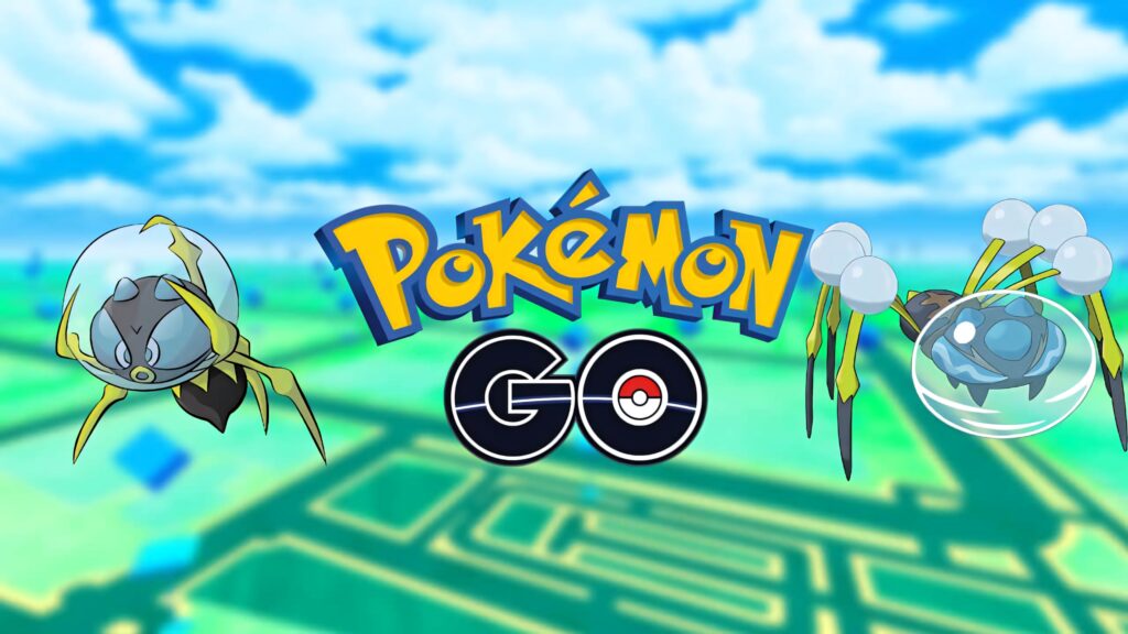 Dewpider Pokemon Go wallpaper with water bubble helmet on vibrant game map background