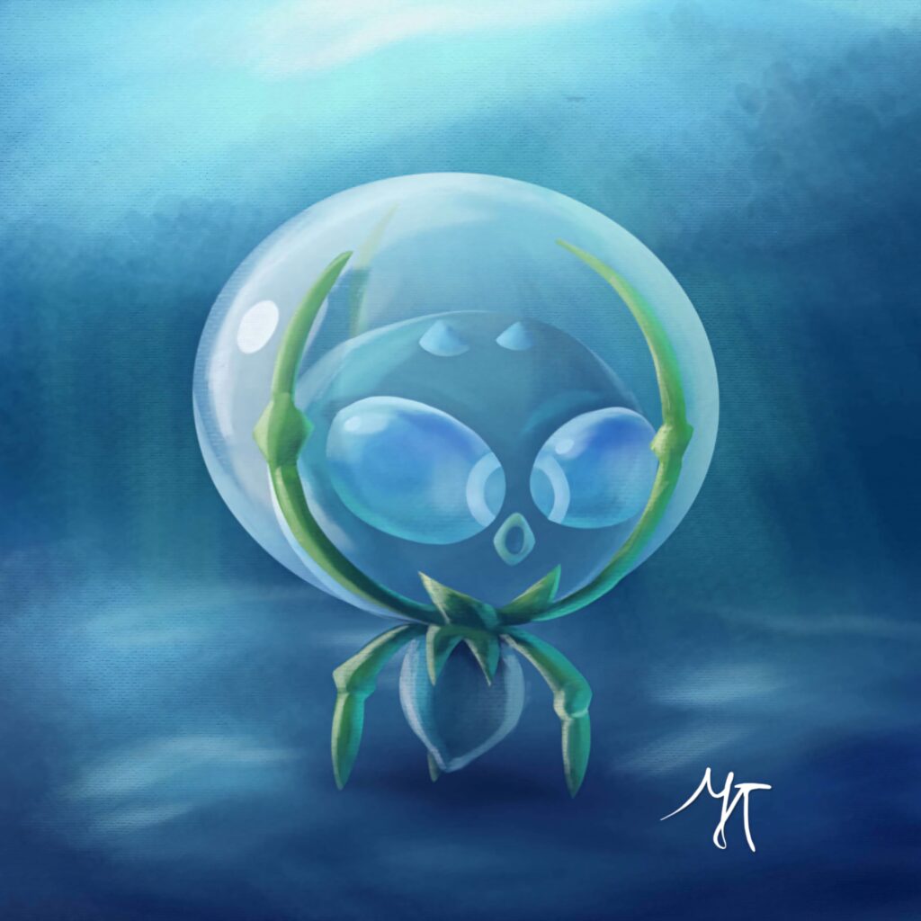 Dewpider underwater in serene blue tones with glassy bubble and translucent textures wallpaper