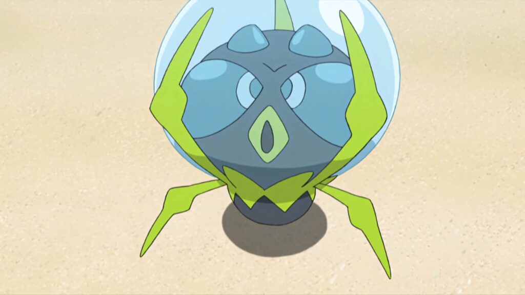 Dewpider Water Bug Pokémon on sandy surface with neon green legs anime style wallpaper background