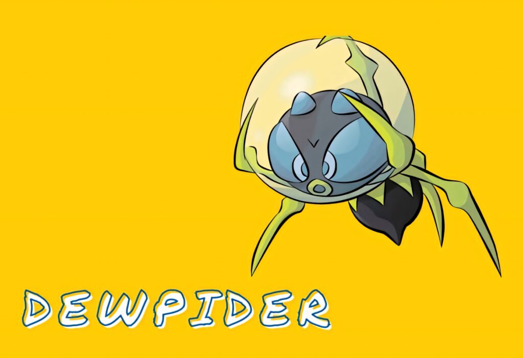 Dewpider Pokémon wallpaper with bubble head on bright yellow background in modern cartoon style