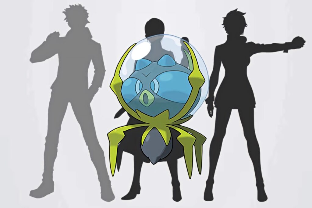 Dewpider in blue and green foreground with Team Rocket silhouettes on minimalist gray wallpaper background