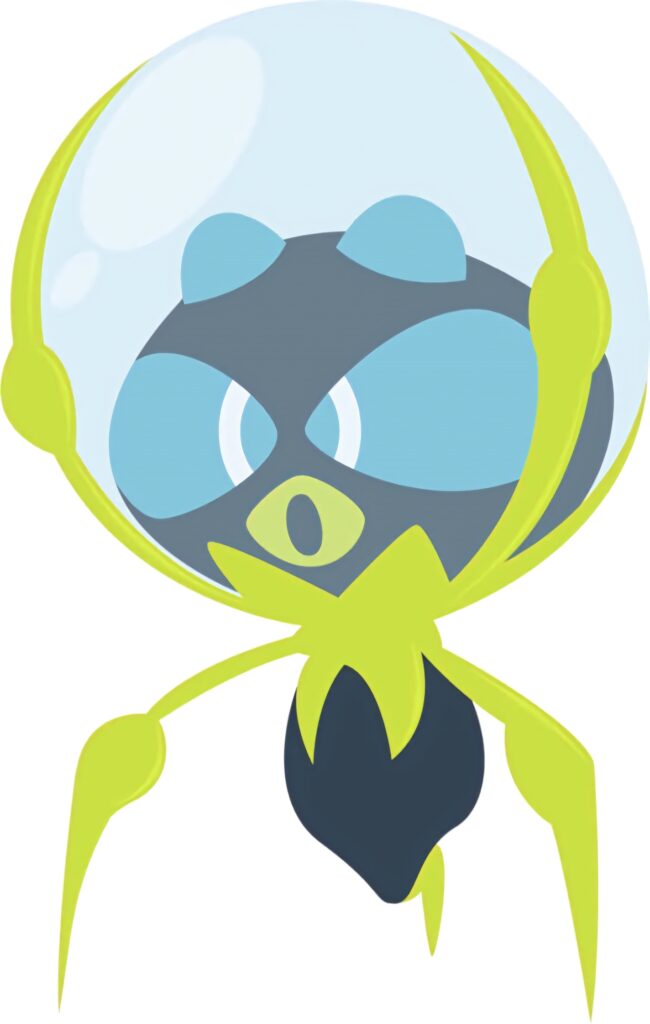 Dewpider wallpaper with bright lime-green limbs and water bubble head in minimalist art style