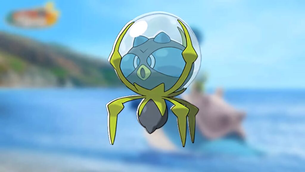 Dewpider Water Bug Pokémon with bubble helmet on bright ocean background cartoon wallpaper
