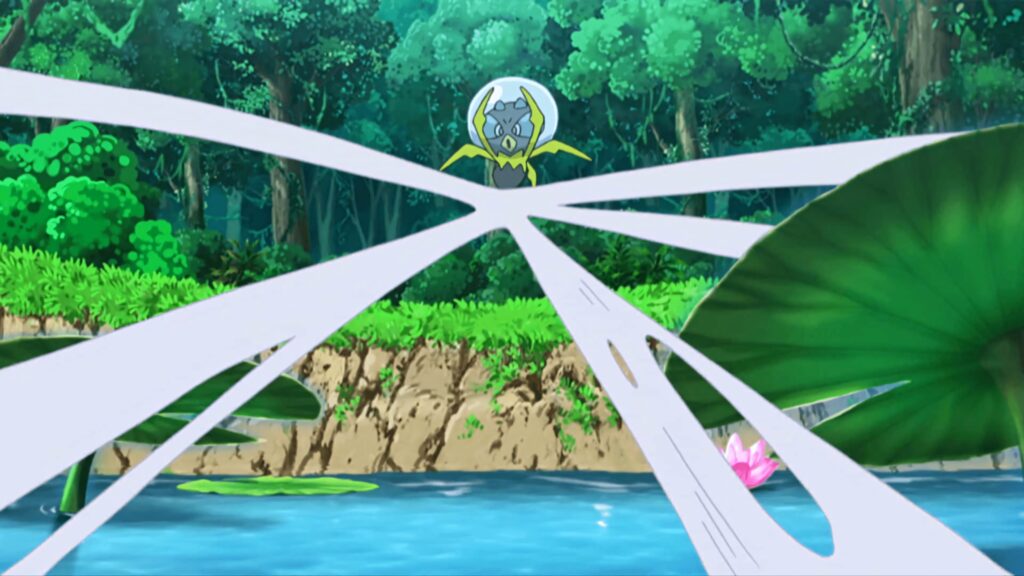 Dewpider weaving delicate webs over forest pond with water lilies in vibrant anime style wallpaper