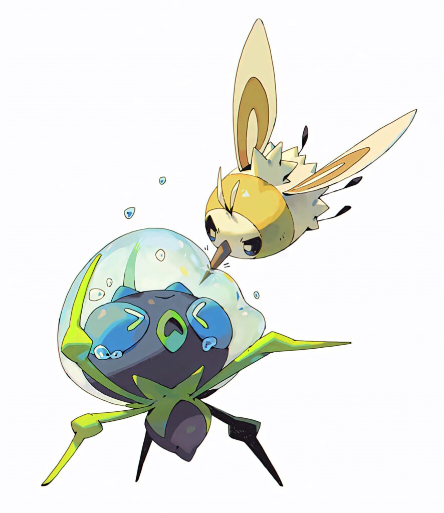 Dewpider and Pikipek anime wallpaper playful interaction vibrant colors crisp lines background