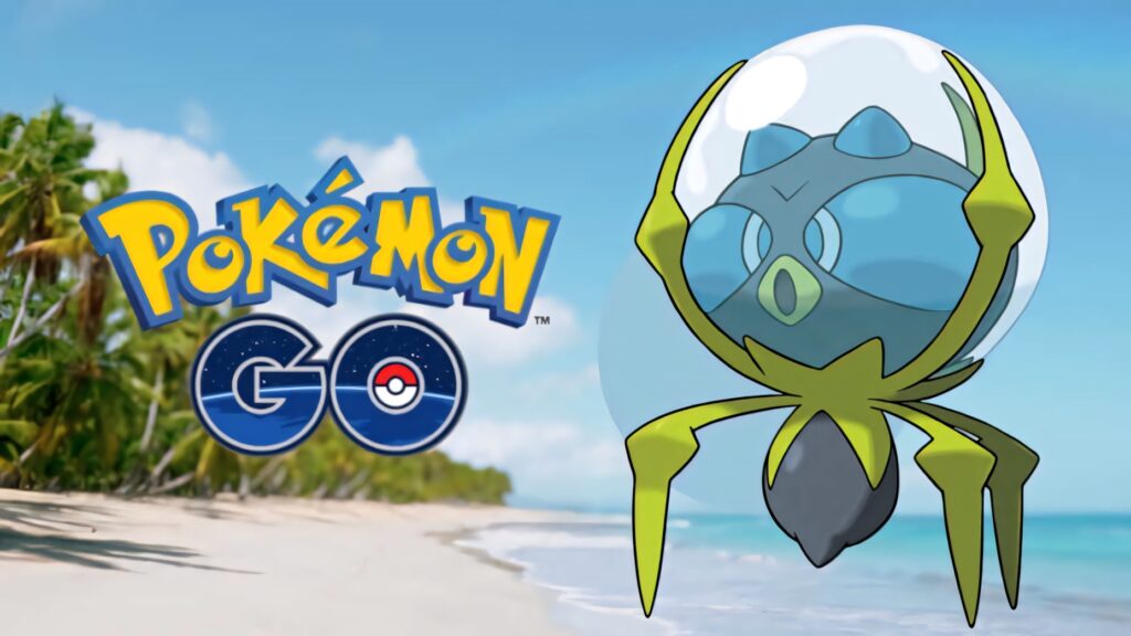Dewpider Pokémon on sunny tropical beach with clear skies vibrant colors animated style wallpaper