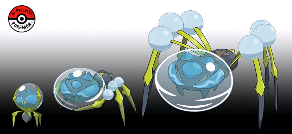 Dewpider evolution chart wallpaper showing Dewpider evolving into Araquanid with vibrant blues and water effects