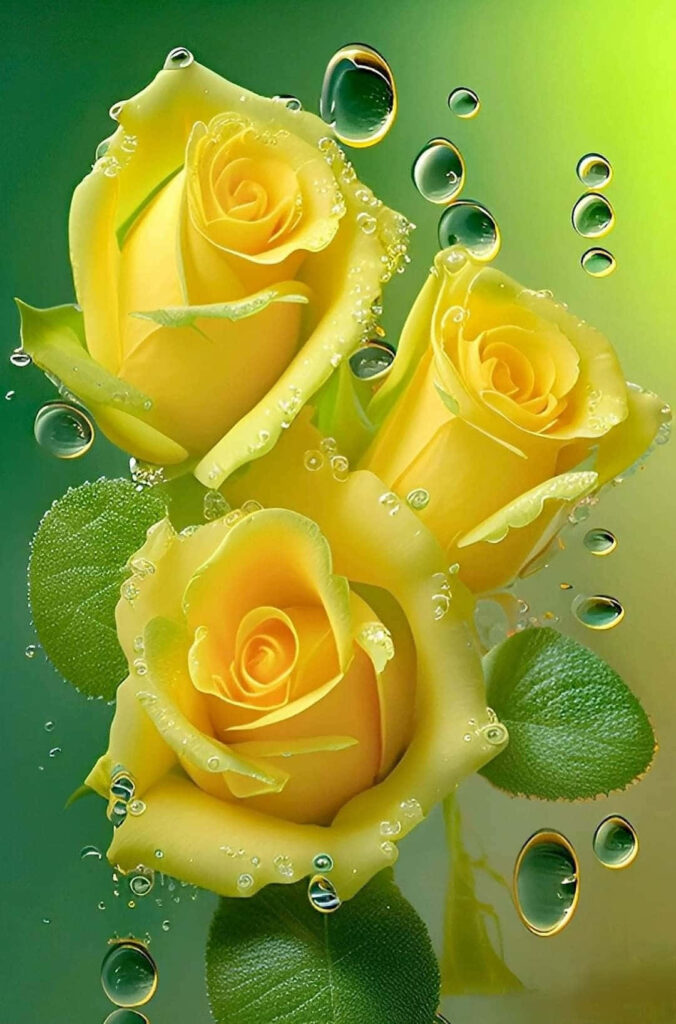 Vibrant Yellow Roses with Water Droplets on Lush Green Background Wallpaper