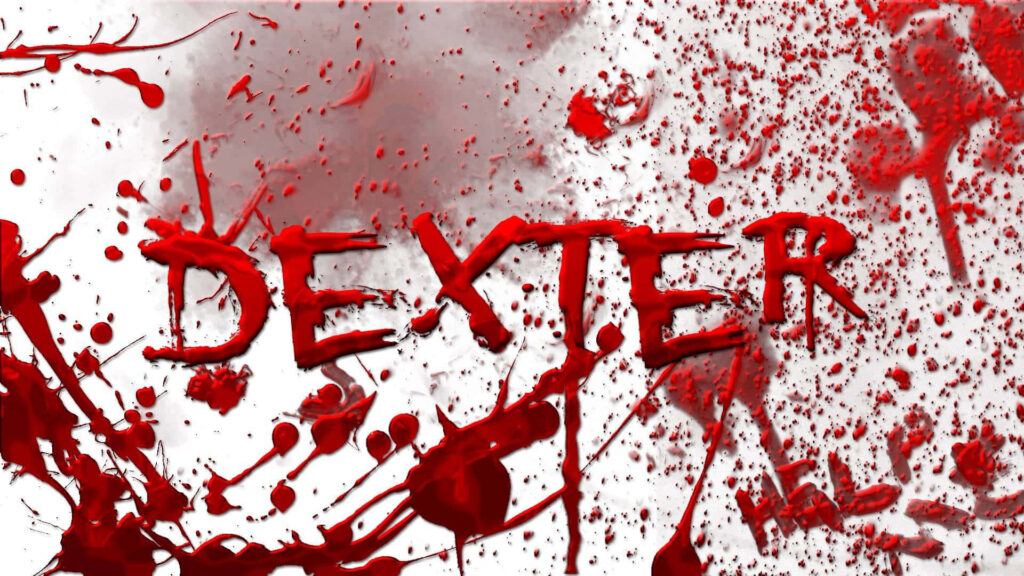 Dexter TV show wallpaper vivid red blood splatter background with Dexter Morgan text design