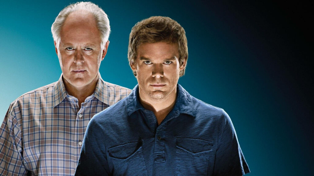 Dexter actors Michael C Hall and John Lithgow in dramatic pose dark background suspenseful wallpaper