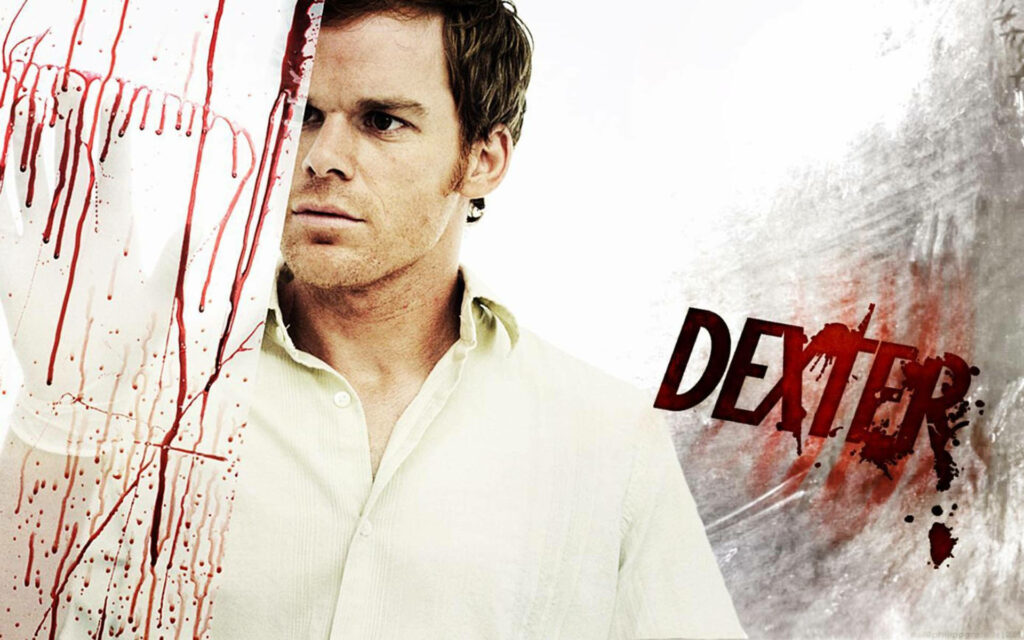 Michael C Hall as Dexter Morgan with blood splatters intense gaze dark suspenseful wallpaper