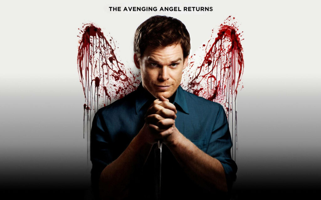 Michael C Hall as Dexter Morgan with blood splatter wings intense dark minimalist wallpaper background
