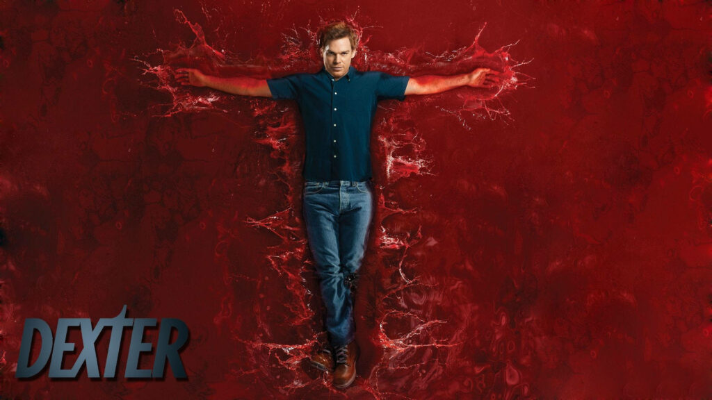 Michael C Hall as Dexter Morgan in blue shirt and jeans with vivid red blood-textured background Wallpaper