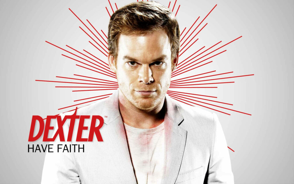 Michael C Hall as Dexter Morgan with red rays and Dexter Have Faith text wallpaper background