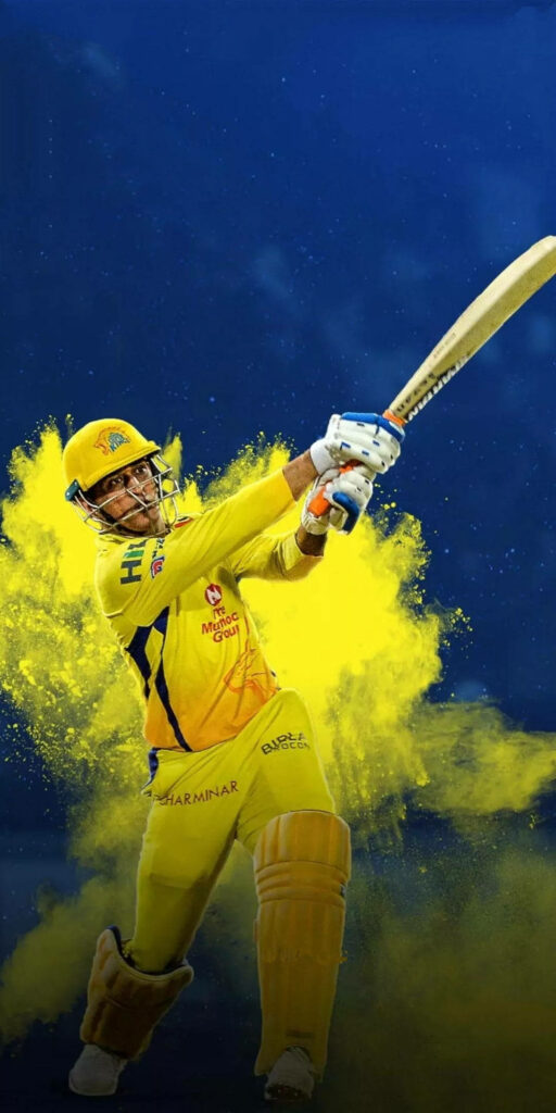Dhoni in yellow Chennai Super Kings gear hits powerful shot with vibrant yellow explosion background Wallpaper