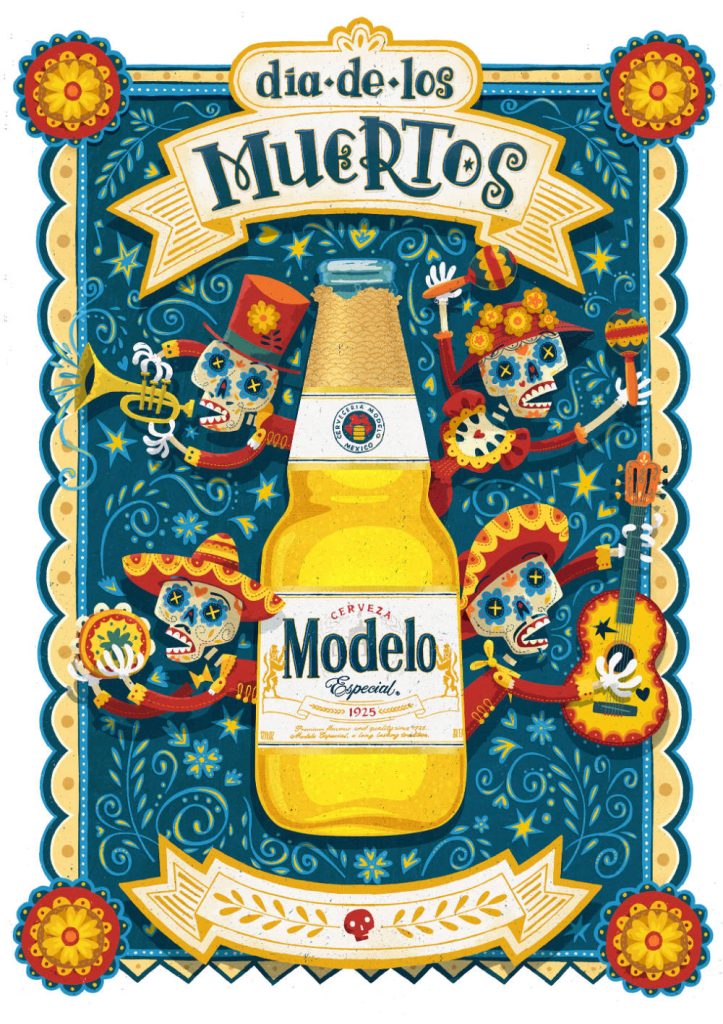 Día de los Muertos wallpaper with Modelo Especial bottle and colorful skeleton musicians background