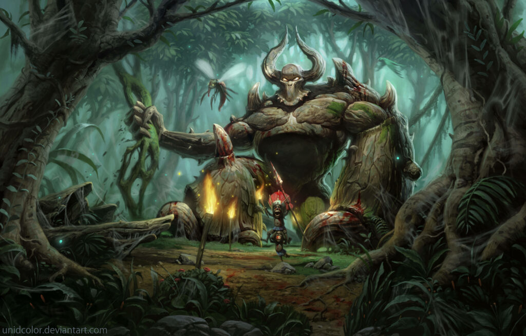 Epic Diablo II Fan Art: Horned Creature in Mystical Forest Background Wallpaper