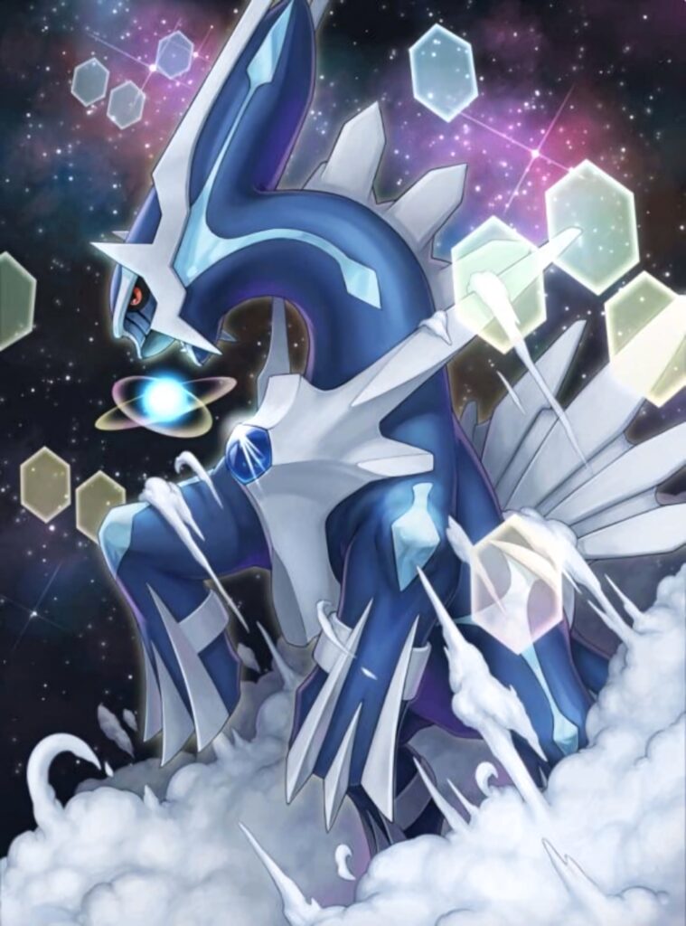 Dialga cosmic wallpaper with glowing hexagons vibrant blues metallic time controller galaxy backdrop
