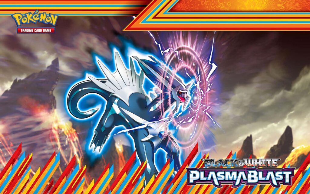 Dialga roaring with vibrant energy and swirling auras in dynamic Pokémon card game art style Wallpaper