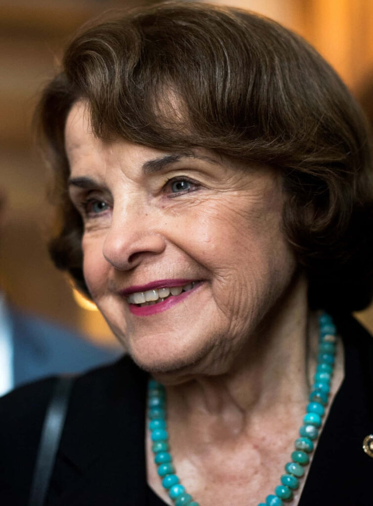 Dianne Feinstein portrait smiling in formal attire with turquoise necklace and natural light background Wallpaper