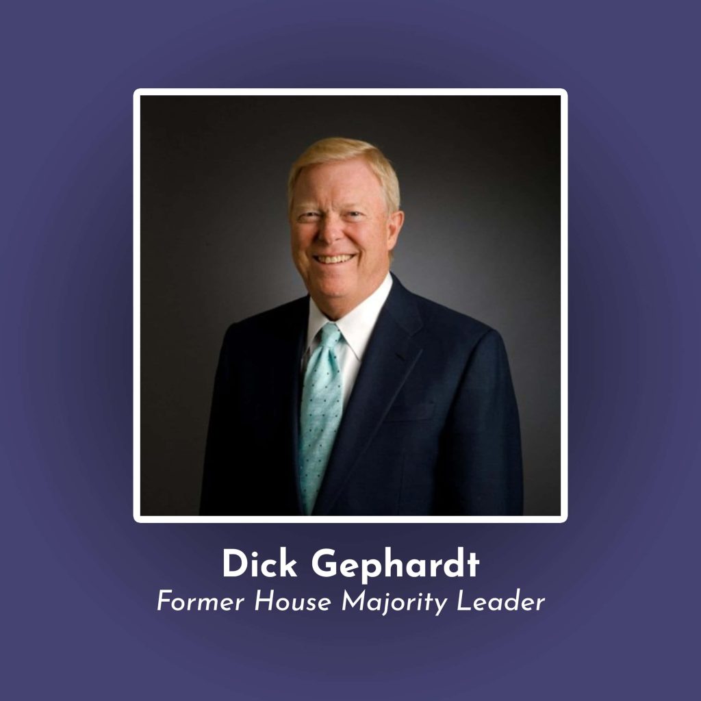 Formal portrait of Dick Gephardt smiling in navy suit and light blue tie on dark background Wallpaper