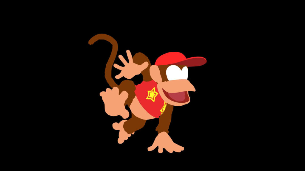 Diddy Kong jumping energetically in red cap and shirt on bold black background wallpaper