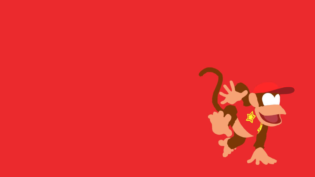 Diddy Kong mid-leap on red background wearing red cap yellow star minimalist Nintendo wallpaper