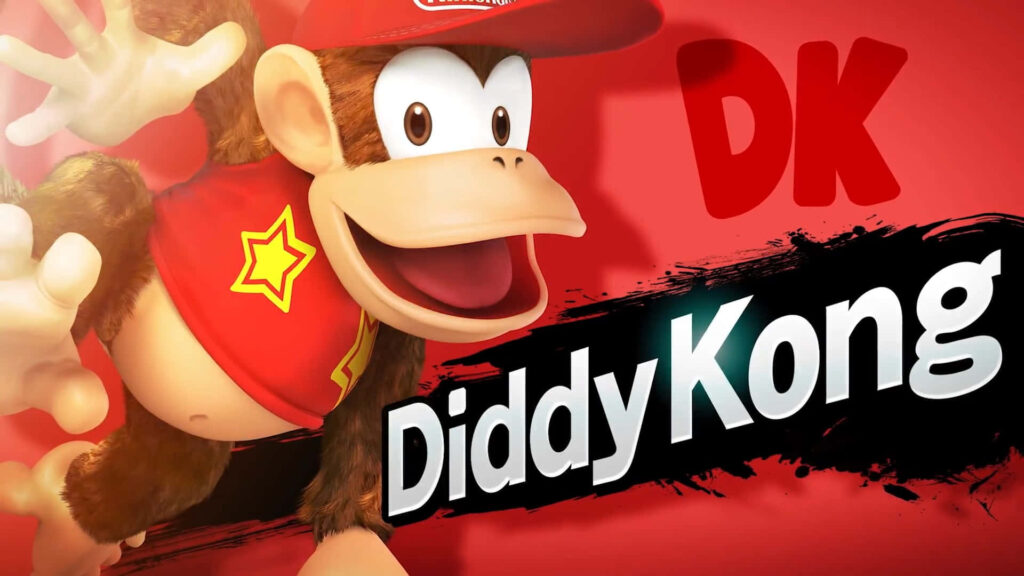 Diddy Kong in red cap and shirt striking pose on bold red background with playful name text Wallpaper