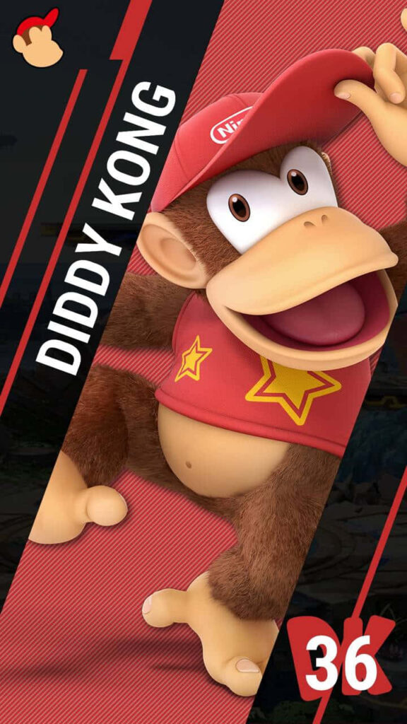 Diddy Kong wallpaper with red cap shirt yellow stars dynamic red black background diagonal lines