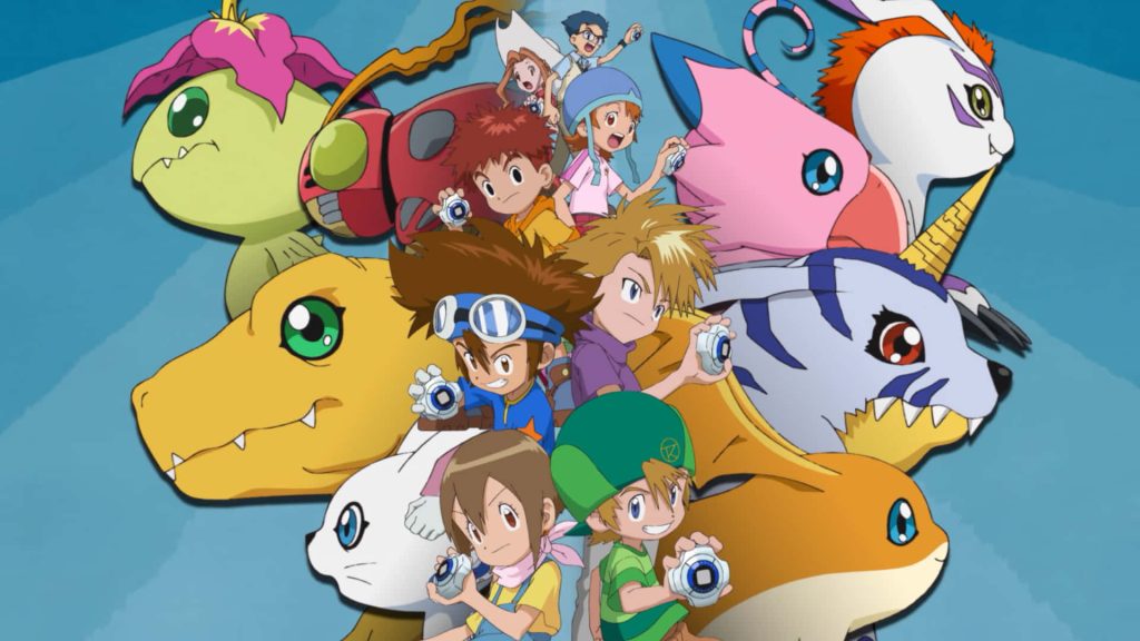 Digimon wallpaper featuring original DigiDestined and partner Digimon Agumon Patamon Palmon with Digivices