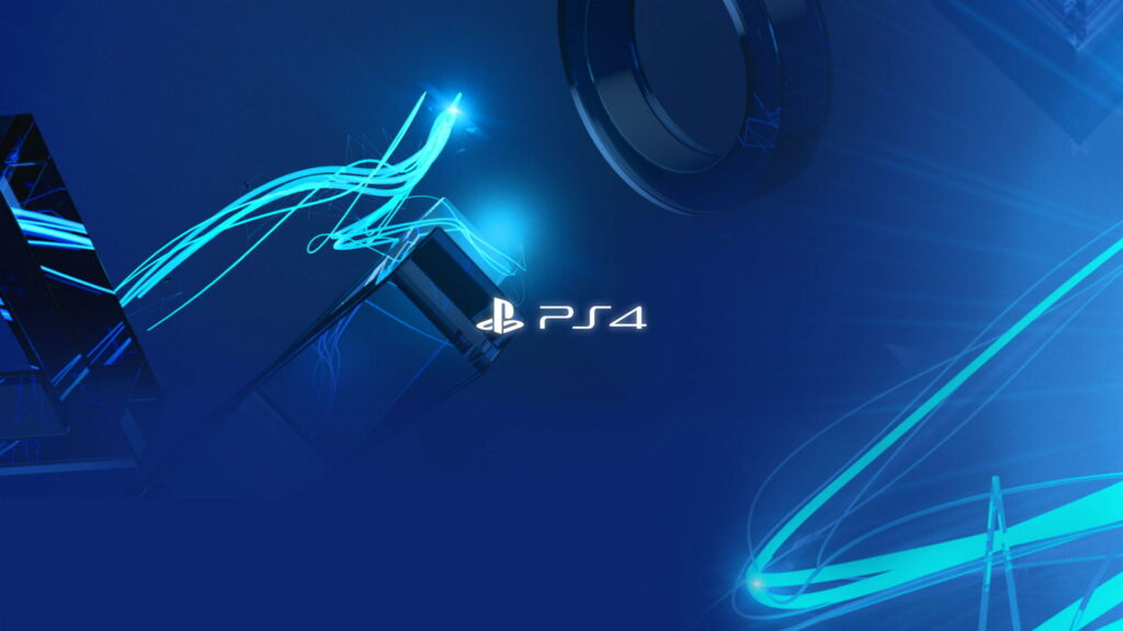 PlayStation 4 wallpaper with iconic logo deep blue background and glowing neon cyan geometric trails