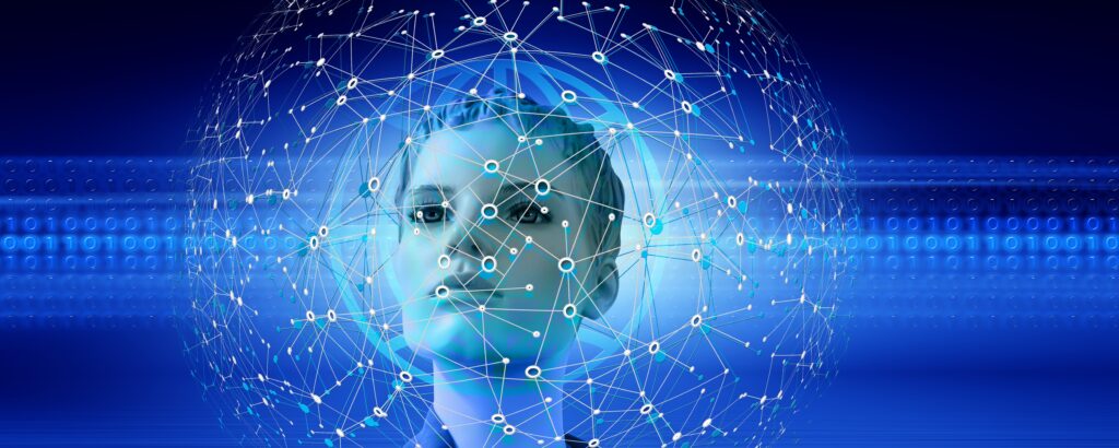 Digital Human Face Wallpaper: Tech & Connectivity Fusion Design