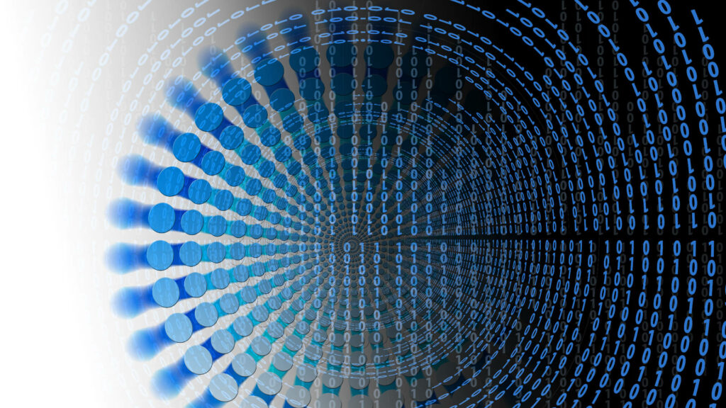 Digital Wallpaper with Binary Code and Abstract Circular Patterns