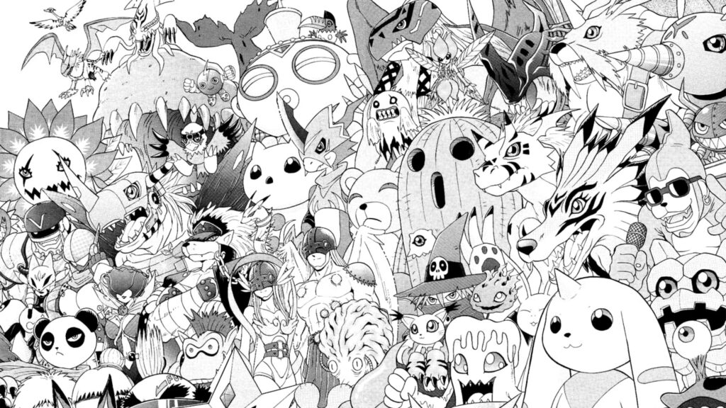 Monochrome Mayhem: A Crowd of Classic Digimon Characters in Doodle Art Wallpaper
