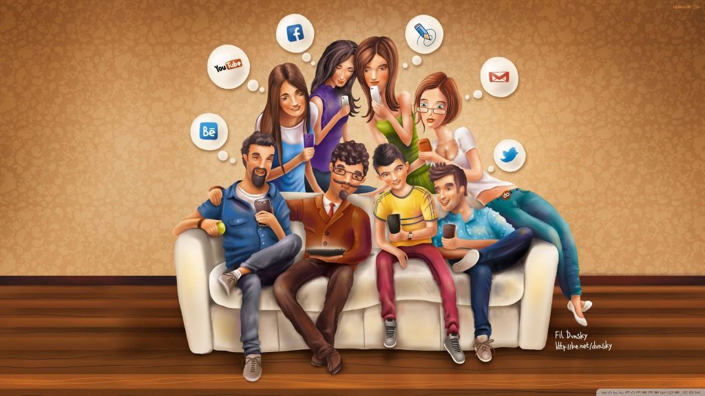 Digital illustration of diverse group on couch engrossed in smartphones with social media icons background Wallpaper