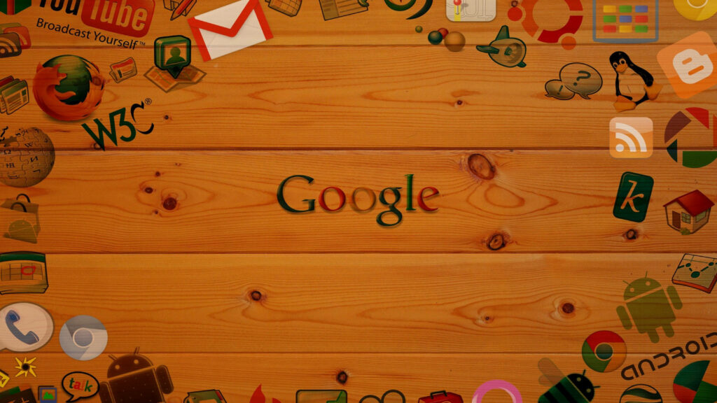 Google Infused: Icons of Renowned Websites and Applications Posing Alongside Google Icon on Warm Wooden Canvas Wallpaper