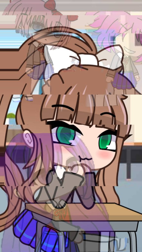 Gacha Club wallpaper of Monika from Doki Doki Literature Club with glitch effect classroom background