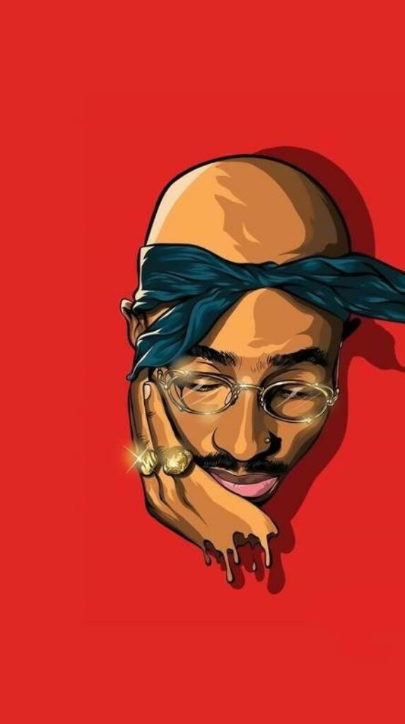 Reflections of a Quintessential Hip-Hop Icon: Tupac Shakur Immersed in Contemplation, Adorned in Blue Bandana and Opulent Gold Rings, Set Against a Striking Scarlet Canvas Wallpaper