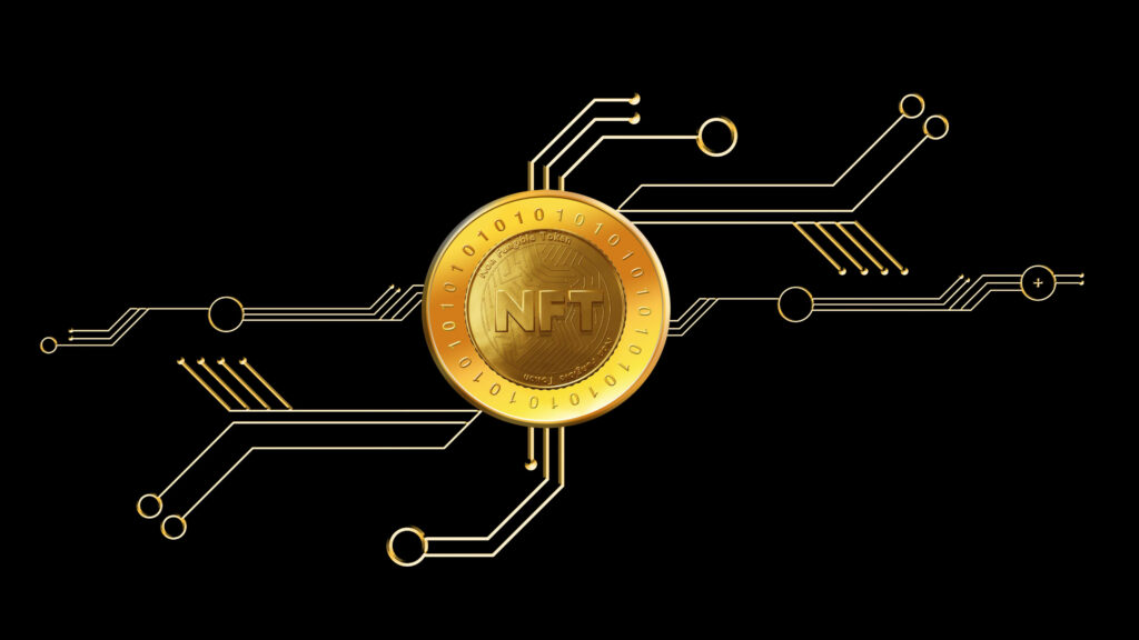 Digital NFT coin with gold circuit lines on black background symbolizing crypto technology Wallpaper