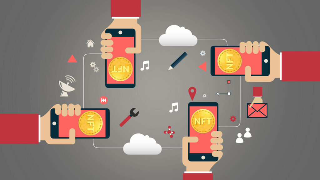 Illustration of hands holding smartphones with NFT coins and tech icons symbolizing digital exchange Wallpaper