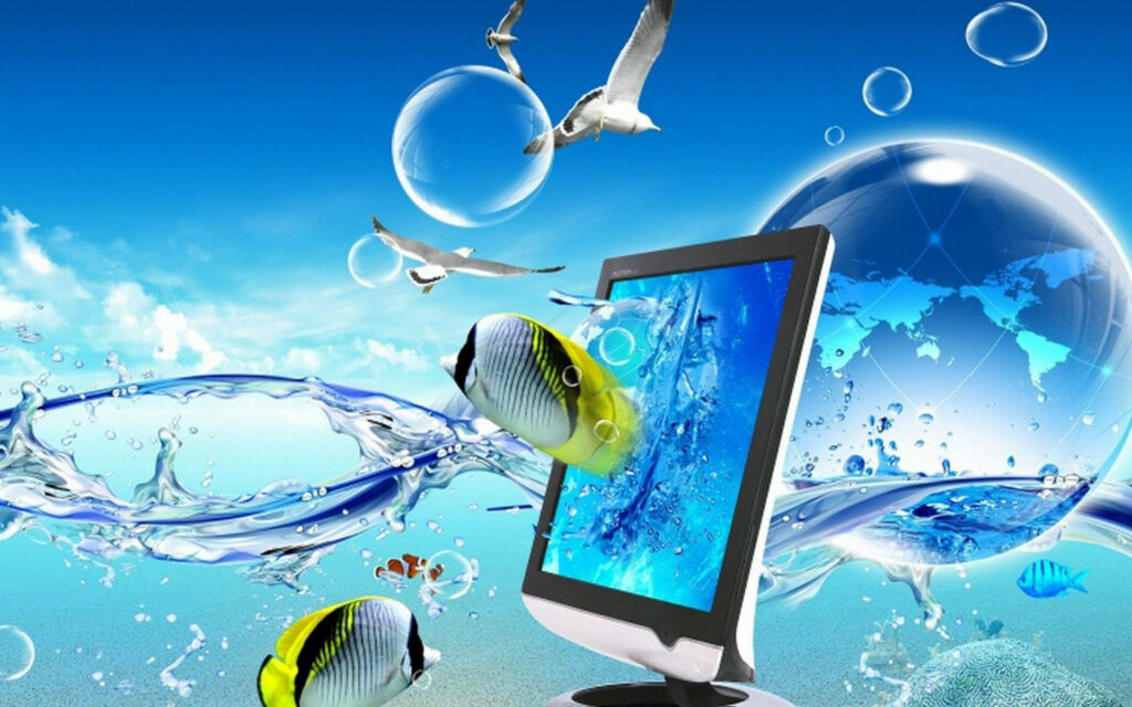 Vibrant Techno-Aquatic Fusion: A Dynamic 3D Collage with Computer Monitor Portal to Aquatic Wonderlands and Global Connections Wallpaper
