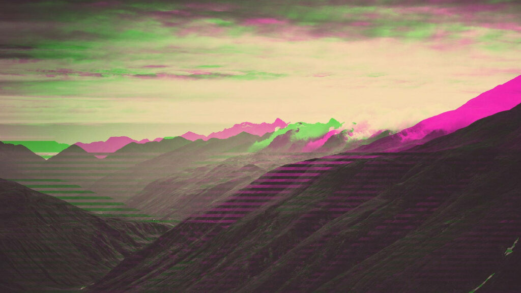 Digital Dreamscape: Glitchy Mountain Majesty Wallpaper